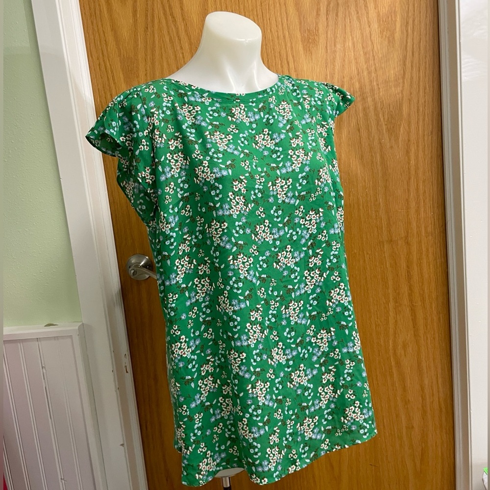 LOFT PLUS Kelly Green and White Floral Ruffle Sleeveless Dressy Blouse 18